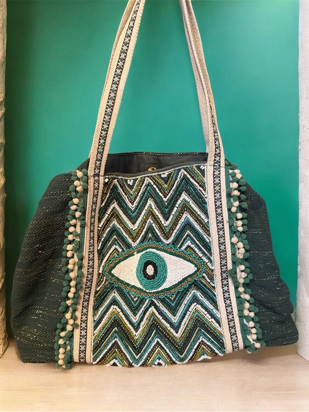Embroidered Green Eye Tote Bag with Pom Trim